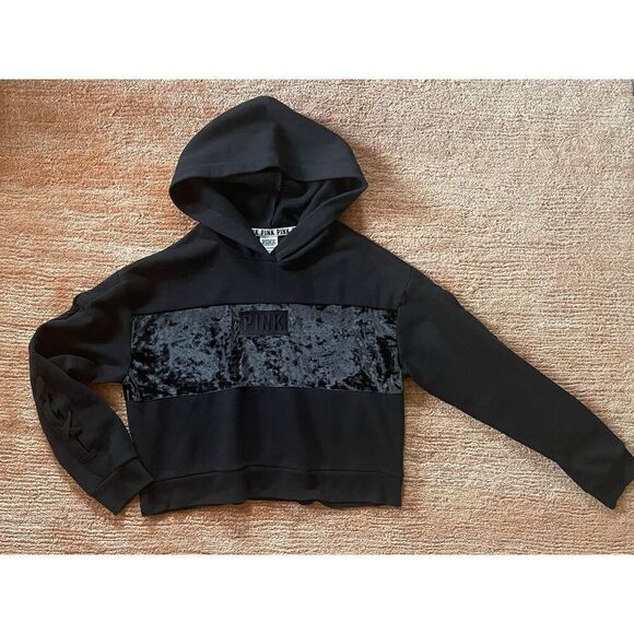 VICTORIA'S SECRET PINK CROPPED HOODIE VELVET LOGO LONG SLEEVE BLACK SZ S - Picture 1 of 7